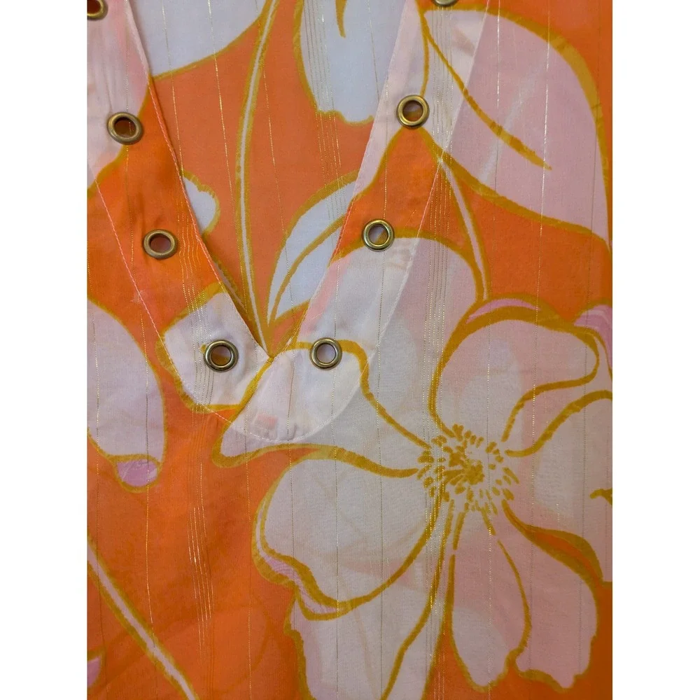 Club Z‎ Collection Kaftan Women's Medium Orange Floral Metallic Grommet V-Neck